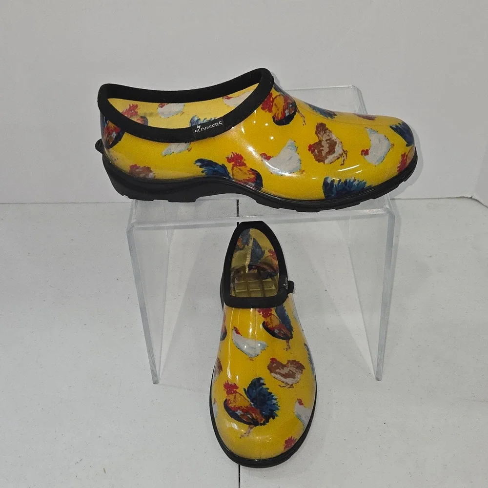 Sloggers Womens 8 Yellow Chicken Print Waterproof Rain Garden Shoes Made in USA